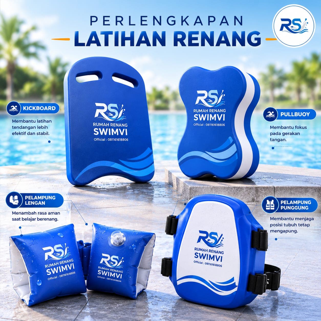 Perlengkapan latihan renang Swimvi: kickboard, pullbuoy, pelampung lengan, pelampung punggung